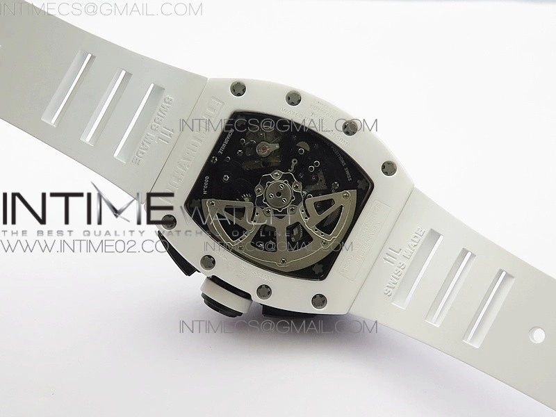 RM011 Carbon Case Chronograph KVF 1:1 Best Edition White Ceramic Bezel Skeleton Dial on White Rubber Strap A7750