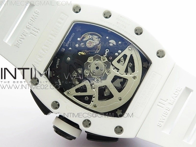 RM011 Carbon Case Chronograph KVF 1:1 Best Edition White Ceramic Bezel Skeleton Dial on White Rubber Strap A7750