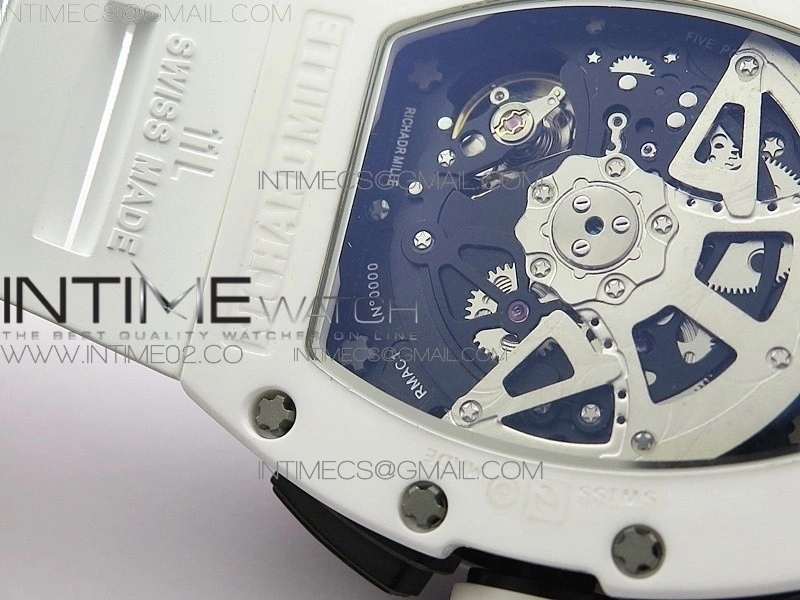 RM011 Carbon Case Chronograph KVF 1:1 Best Edition White Ceramic Bezel Skeleton Dial on White Rubber Strap A7750