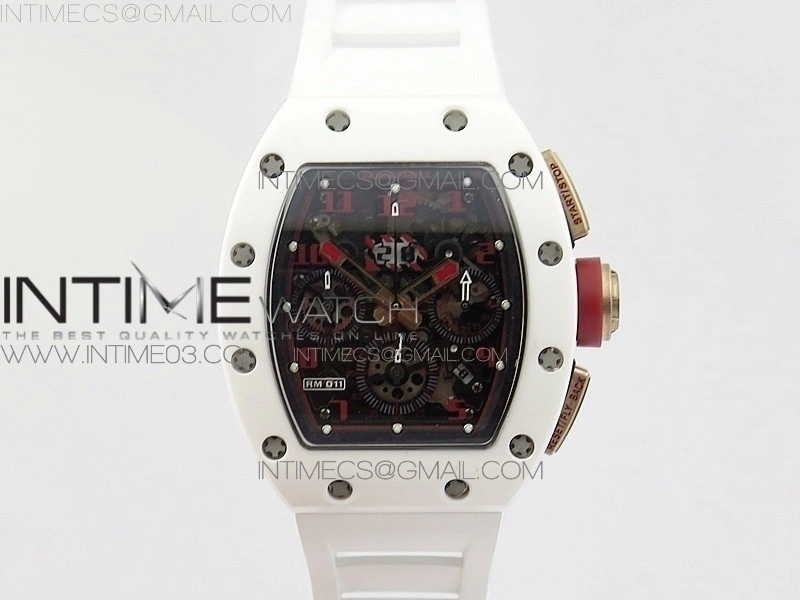 RM011 RG Case Chronograph KVF 1:1 Best Edition White Ceramic Bezel Skeleton Dial on White Rubber Strap A7750