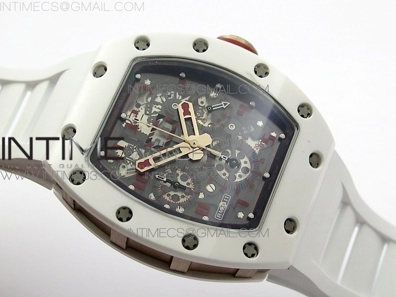 RM011 RG Case Chronograph KVF 1:1 Best Edition White Ceramic Bezel Skeleton Dial on White Rubber Strap A7750
