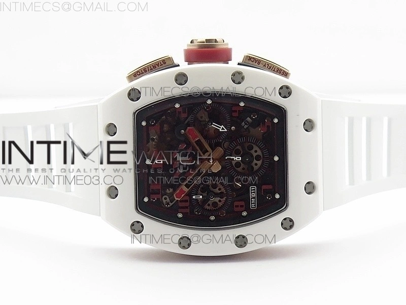 RM011 RG Case Chronograph KVF 1:1 Best Edition White Ceramic Bezel Skeleton Dial on White Rubber Strap A7750