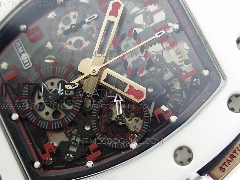 RM011 RG Case Chronograph KVF 1:1 Best Edition White Ceramic Bezel Skeleton Dial on White Rubber Strap A7750