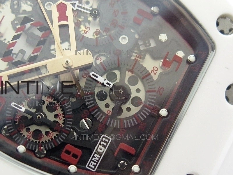RM011 RG Case Chronograph KVF 1:1 Best Edition White Ceramic Bezel Skeleton Dial on White Rubber Strap A7750