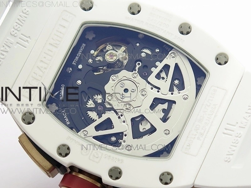 RM011 RG Case Chronograph KVF 1:1 Best Edition White Ceramic Bezel Skeleton Dial on White Rubber Strap A7750