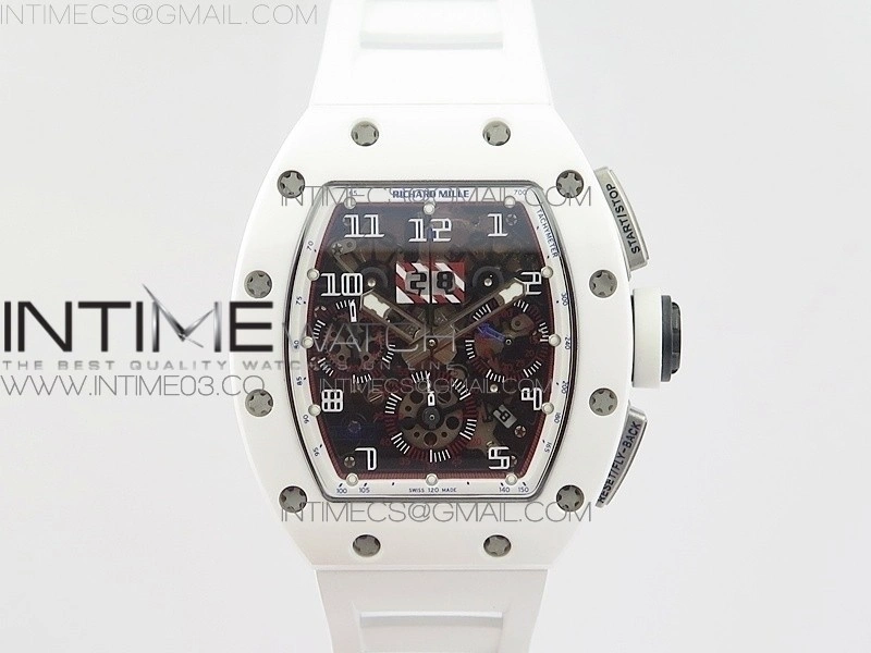 RM011 Carbon Case Chronograph KVF 1:1 Best Edition White Ceramic Bezel Skeleton Dial on White Rubber Strap A7750