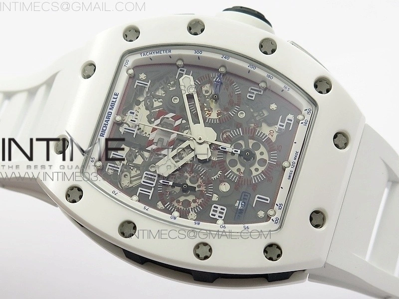 RM011 Carbon Case Chronograph KVF 1:1 Best Edition White Ceramic Bezel Skeleton Dial on White Rubber Strap A7750