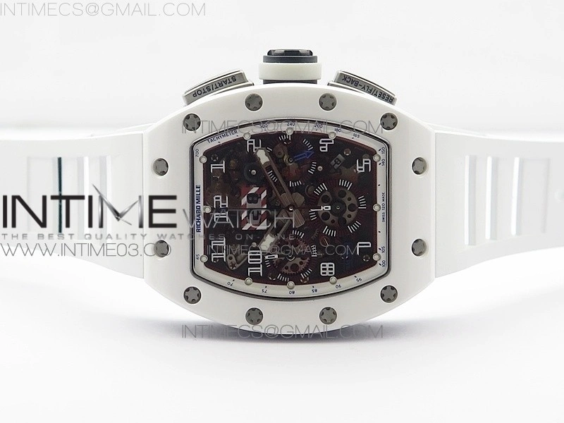 RM011 Carbon Case Chronograph KVF 1:1 Best Edition White Ceramic Bezel Skeleton Dial on White Rubber Strap A7750