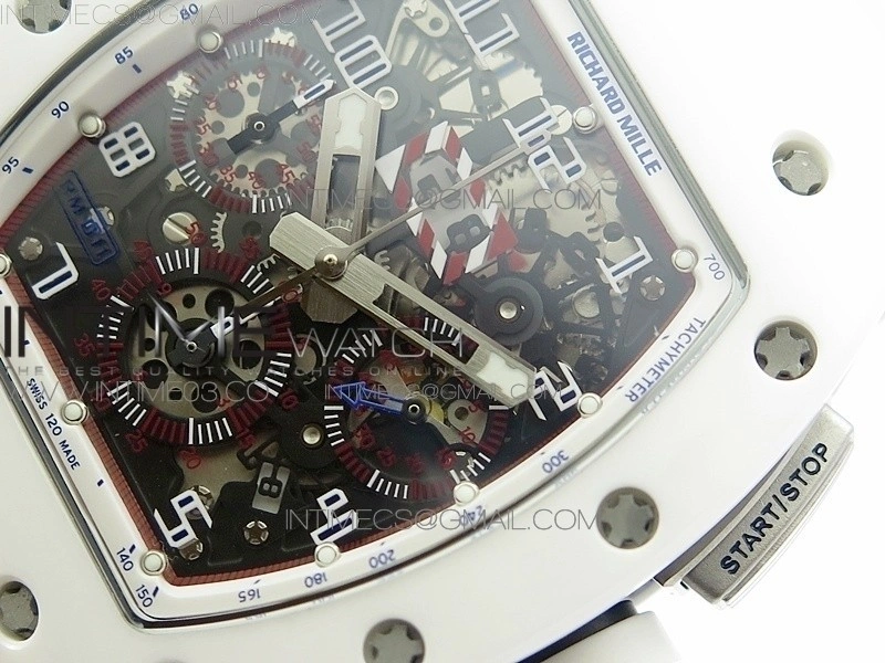 RM011 Carbon Case Chronograph KVF 1:1 Best Edition White Ceramic Bezel Skeleton Dial on White Rubber Strap A7750