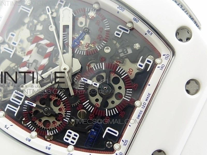 RM011 Carbon Case Chronograph KVF 1:1 Best Edition White Ceramic Bezel Skeleton Dial on White Rubber Strap A7750