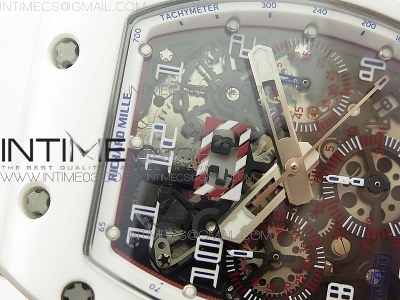 RM011 Carbon Case Chronograph KVF 1:1 Best Edition White Ceramic Bezel Skeleton Dial on White Rubber Strap A7750