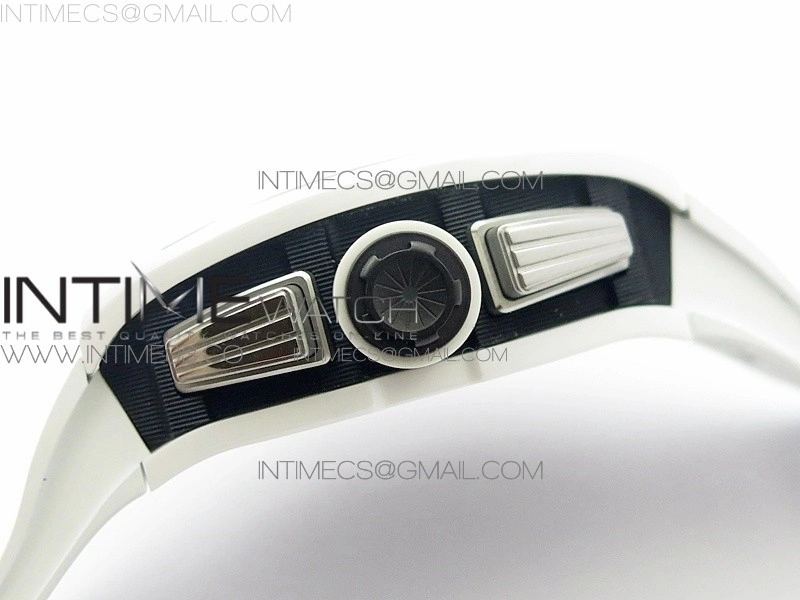 RM011 Carbon Case Chronograph KVF 1:1 Best Edition White Ceramic Bezel Skeleton Dial on White Rubber Strap A7750