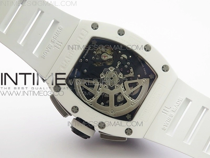 RM011 Carbon Case Chronograph KVF 1:1 Best Edition White Ceramic Bezel Skeleton Dial on White Rubber Strap A7750
