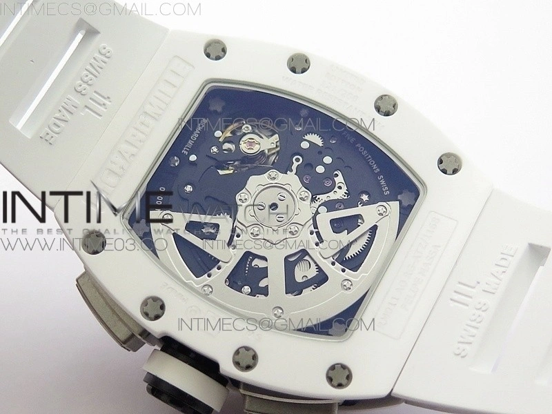 RM011 Carbon Case Chronograph KVF 1:1 Best Edition White Ceramic Bezel Skeleton Dial on White Rubber Strap A7750