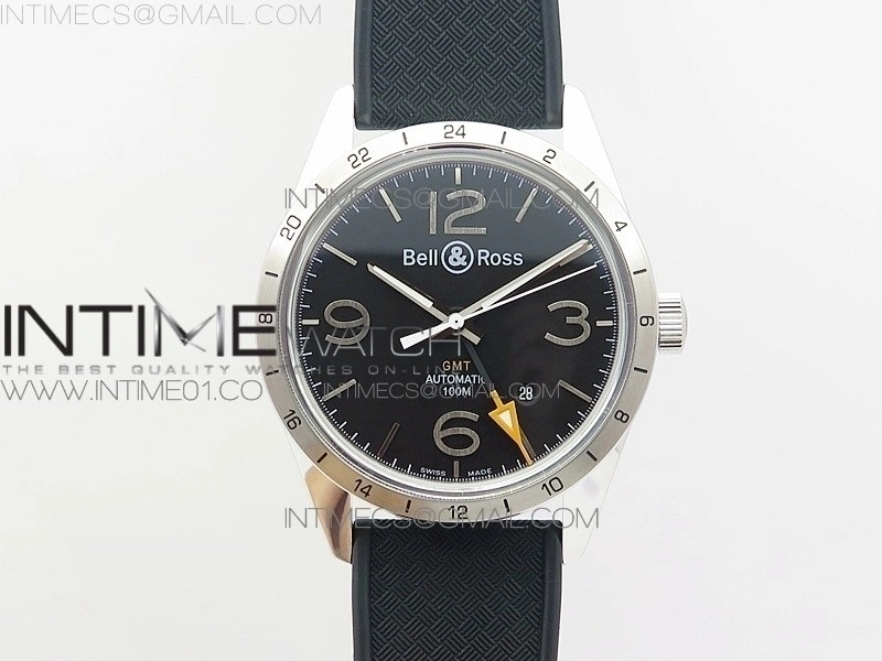 Vintage BR123 SS GMT Black Dial on Black Rubber Strap A2836