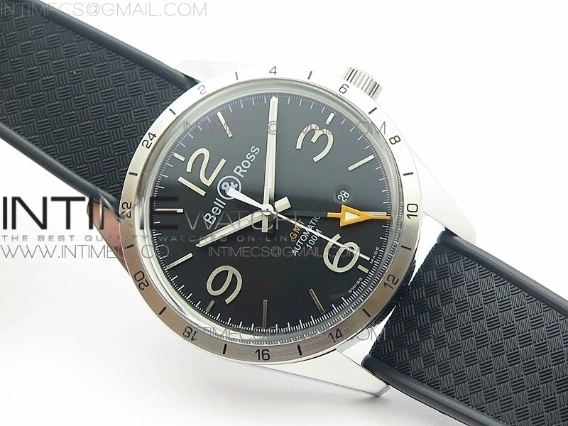 Vintage BR123 SS GMT Black Dial on Black Rubber Strap A2836