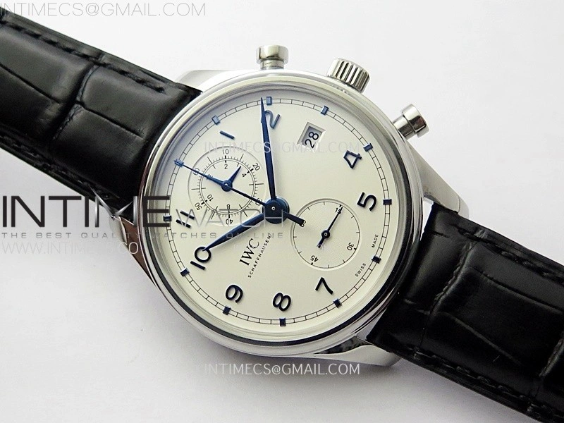 Portugieser Chrono Classic 42 IW390406 AZF 1:1 Best Edition White Dial Blue Markers on Black Leather Strap A7750