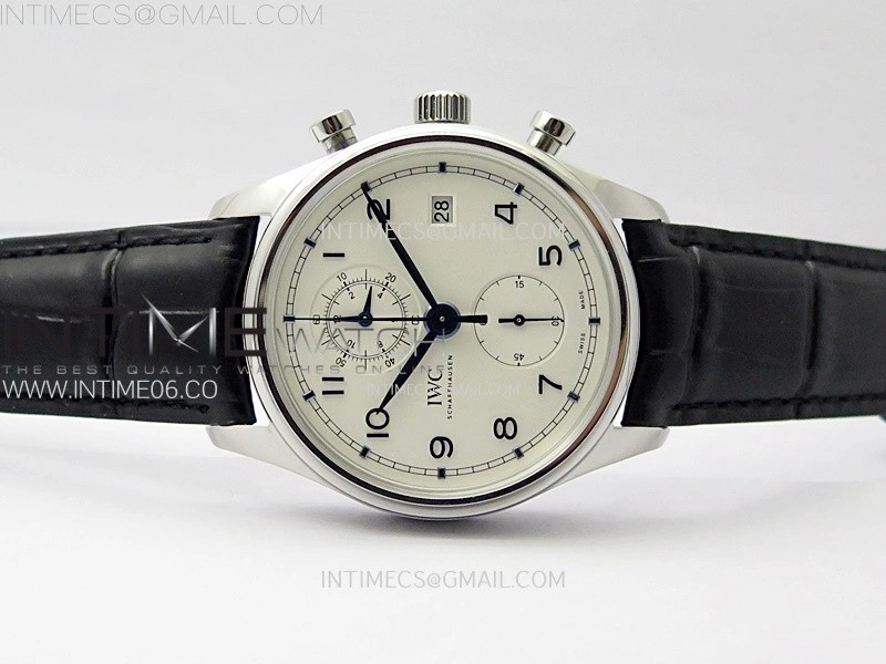 Portugieser Chrono Classic 42 IW390406 AZF 1:1 Best Edition White Dial Blue Markers on Black Leather Strap A7750