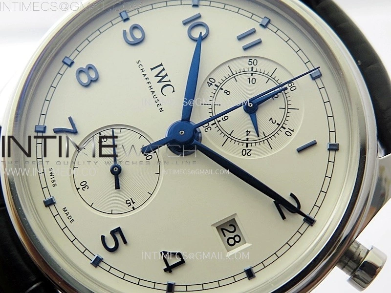 Portugieser Chrono Classic 42 IW390406 AZF 1:1 Best Edition White Dial Blue Markers on Black Leather Strap A7750