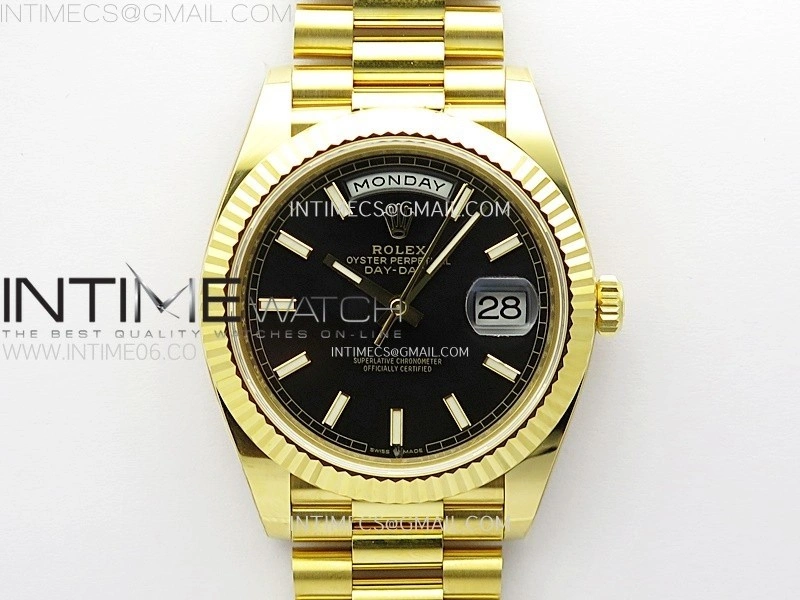 Day Date 228238 40mm 904L YG 1:1 AR+F Best Edition Black Dial Sticks Markers on YG President Bracelet SA3255