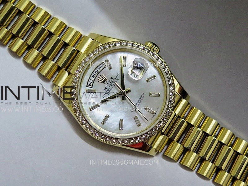 Day Date 128348 YG Gain Weight KF 1:1 White MOP Dial T Diamond Marker On President Bracelet A2836