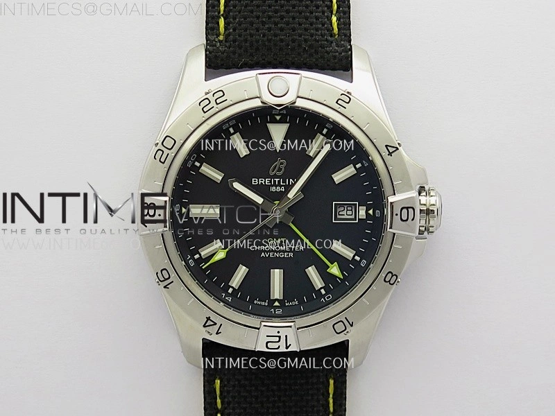 Avenger Chronometer 42mm GMT Yellow Second Hand SS BLSF 1:1 Best Version Black Dial On Black Nylon Strap A2836