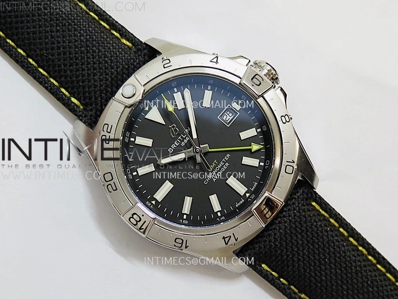 Avenger Chronometer 42mm GMT Yellow Second Hand SS BLSF 1:1 Best Version Black Dial On Black Nylon Strap A2836