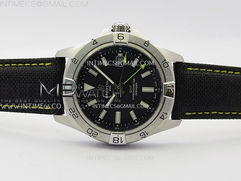 Avenger Chronometer 42mm GMT Yellow Second Hand SS BLSF 1:1 Best Version Black Dial On Black Nylon Strap A2836
