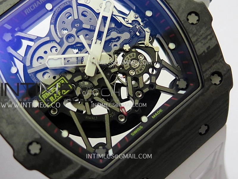 RM035-02 Real Black NTPT ZF 1:1 Best Edition Skeleton Dial On White Rubber Strap Real Super Clone RMAL1 V7