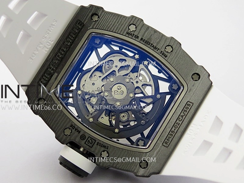RM035-02 Real Black NTPT ZF 1:1 Best Edition Skeleton Dial On White Rubber Strap Real Super Clone RMAL1 V7
