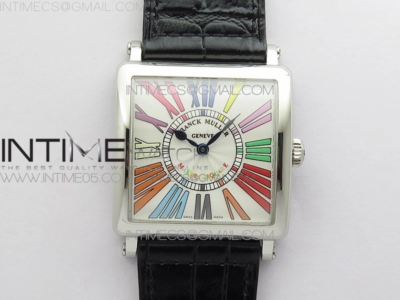 Master Square SS Ladies ZF 1:1 Best Edition White Colorful Roman Dial on Black Leather Strap Ronda Quartz
