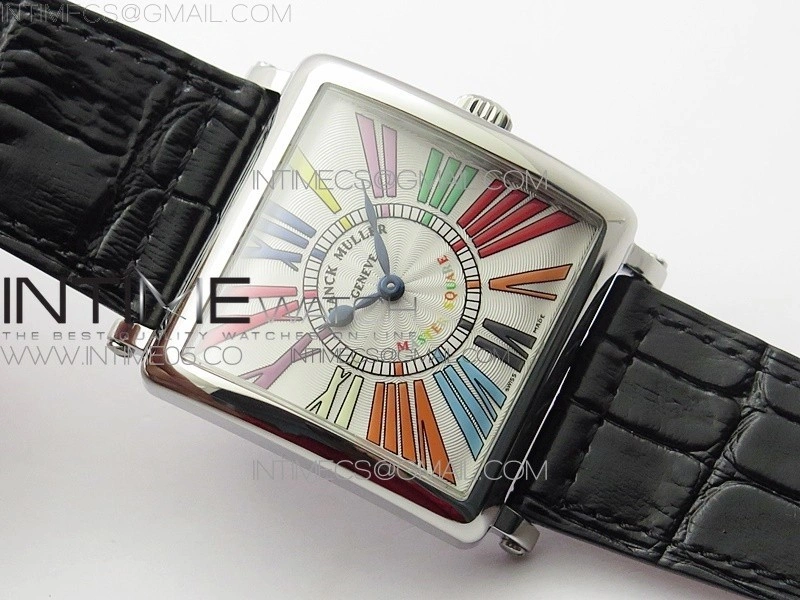 Master Square SS Ladies ZF 1:1 Best Edition White Colorful Roman Dial on Black Leather Strap Ronda Quartz