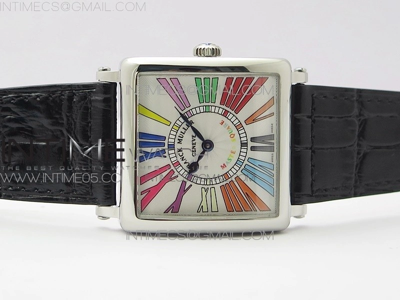 Master Square SS Ladies ZF 1:1 Best Edition White Colorful Roman Dial on Black Leather Strap Ronda Quartz