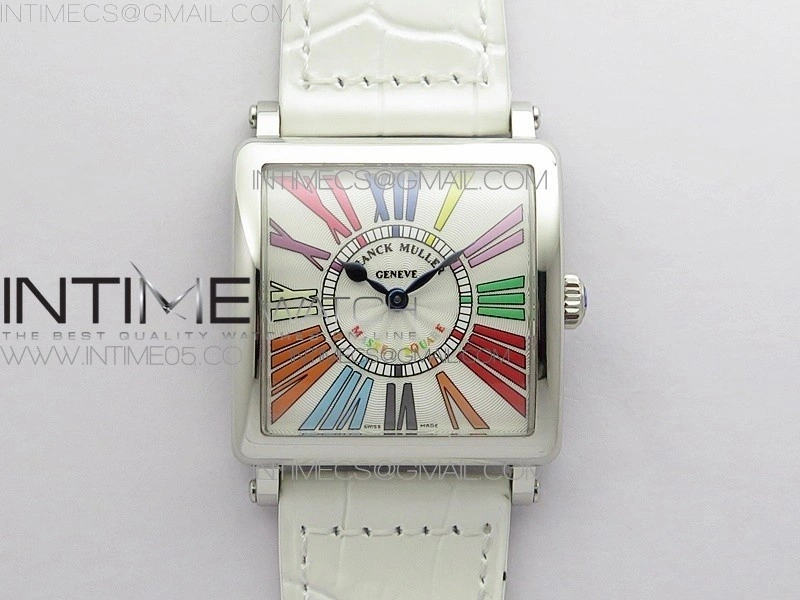 Master Square SS Ladies ZF 1:1 Best Edition White Colorful Roman Dial on White Leather Strap Ronda Quartz