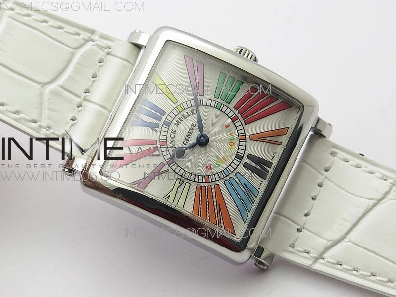 Master Square SS Ladies ZF 1:1 Best Edition White Colorful Roman Dial on White Leather Strap Ronda Quartz