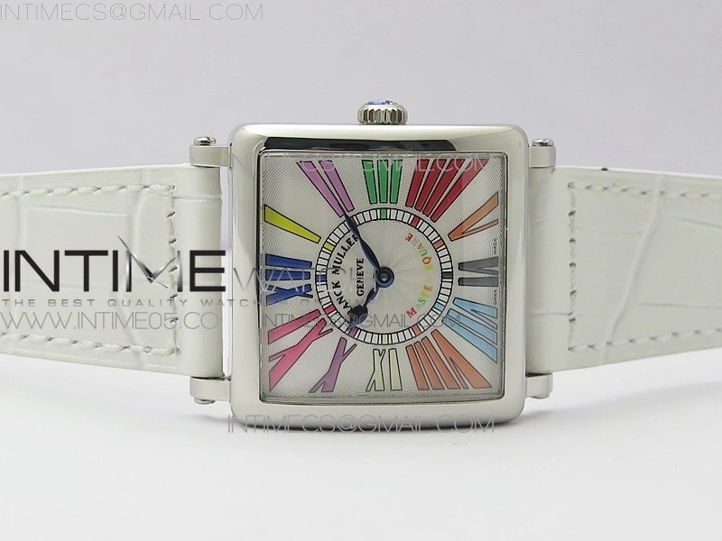 Master Square SS Ladies ZF 1:1 Best Edition White Colorful Roman Dial on White Leather Strap Ronda Quartz