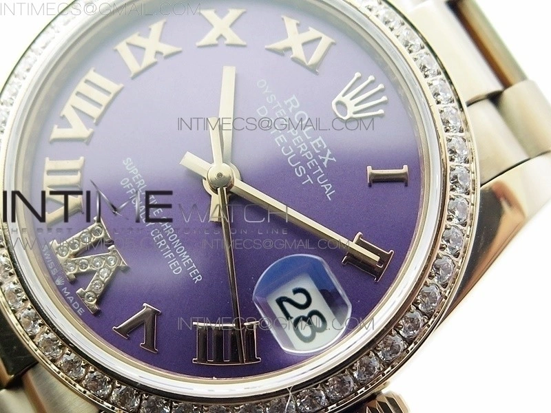 Datejust 31mm 278275 RG Dia Bezel BP Best Edition Purple Roman Markers Dial @6 Dia on RG President Bracelet