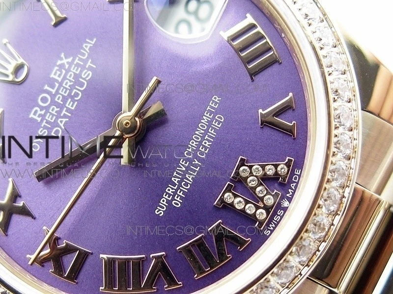 Datejust 31mm 278275 RG Dia Bezel BP Best Edition Purple Roman Markers Dial @6 Dia on RG President Bracelet