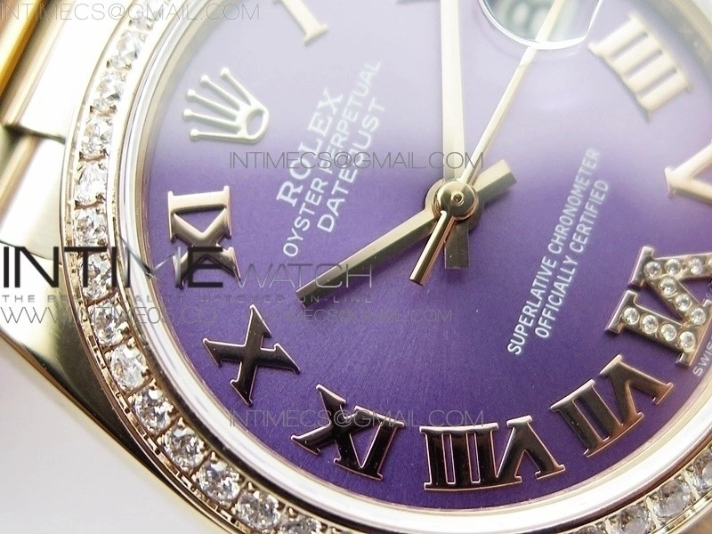 Datejust 31mm 278275 RG Dia Bezel BP Best Edition Purple Roman Markers Dial @6 Dia on RG President Bracelet