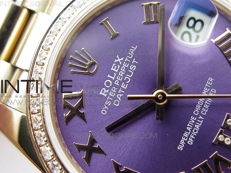 Datejust 31mm 278275 RG Dia Bezel BP Best Edition Purple Roman Markers Dial @6 Dia on RG President Bracelet