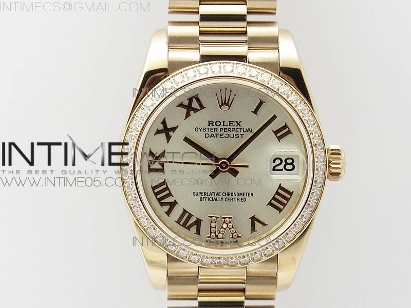 Datejust 31mm 278275 RG Dia Bezel BP Best Edition Silver Roman Markers Dial @6 Dia on RG President Bracelet