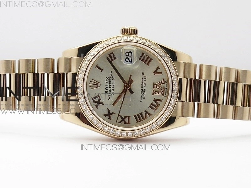 Datejust 31mm 278275 RG Dia Bezel BP Best Edition Silver Roman Markers Dial @6 Dia on RG President Bracelet