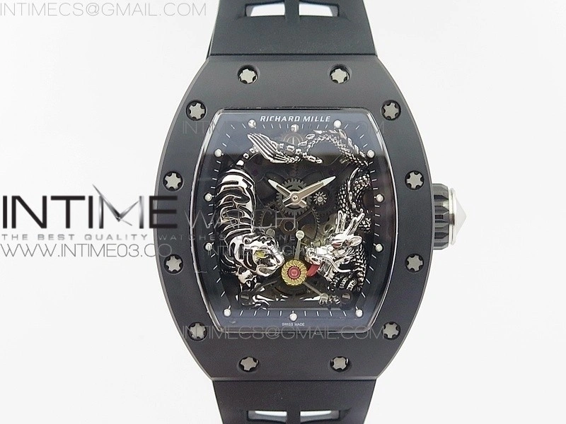 RM051 Real Black Ceramic Case KVF Best Edition Skeleton Dial on White Rubber Strap MIYOTA8215