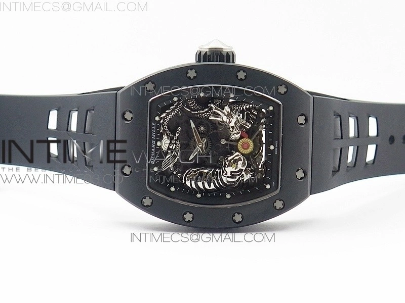 RM051 Real Black Ceramic Case KVF Best Edition Skeleton Dial on White Rubber Strap MIYOTA8215