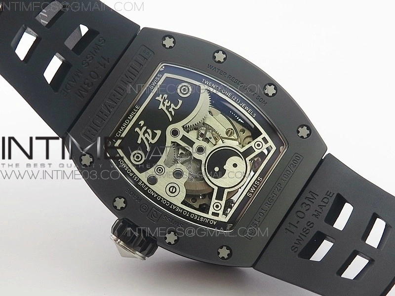 RM051 Real Black Ceramic Case KVF Best Edition Skeleton Dial on White Rubber Strap MIYOTA8215