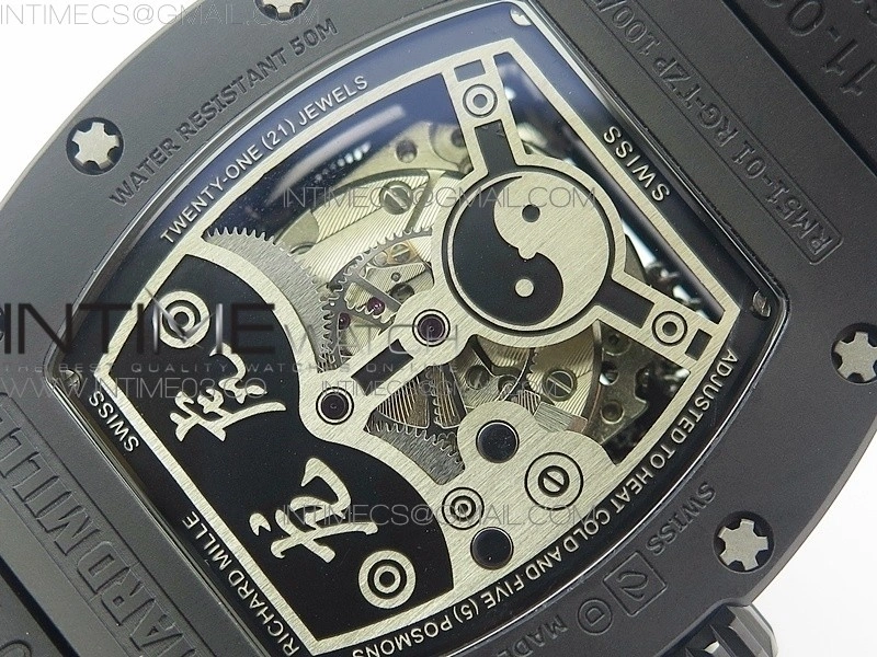 RM051 Real Black Ceramic Case KVF Best Edition Skeleton Dial on White Rubber Strap MIYOTA8215