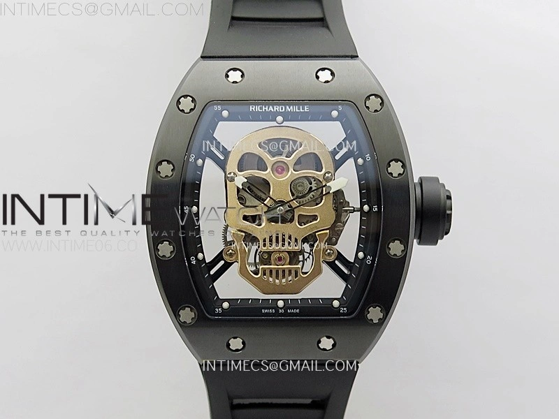 RM052 Skull Black Ceramic Real Tourbillon YSF 1:1 Best Edition Skull Dial on Black Rubber Strap