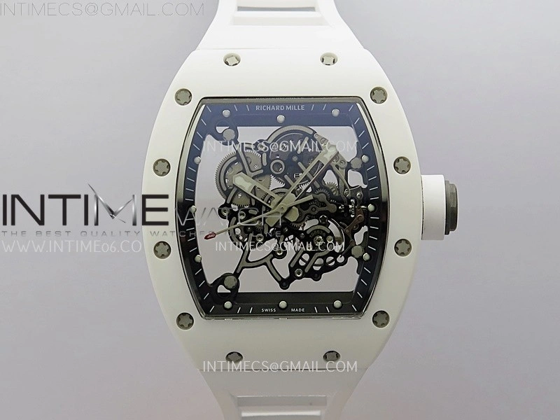RM055 White Ceramic Black Inner RMF Best Edition Skeleton Dial On White Rubber Strap RMUL2 Super Clone