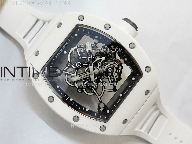 RM055 White Ceramic Black Inner RMF Best Edition Skeleton Dial On White Rubber Strap RMUL2 Super Clone