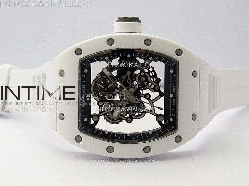 RM055 White Ceramic Black Inner RMF Best Edition Skeleton Dial On White Rubber Strap RMUL2 Super Clone